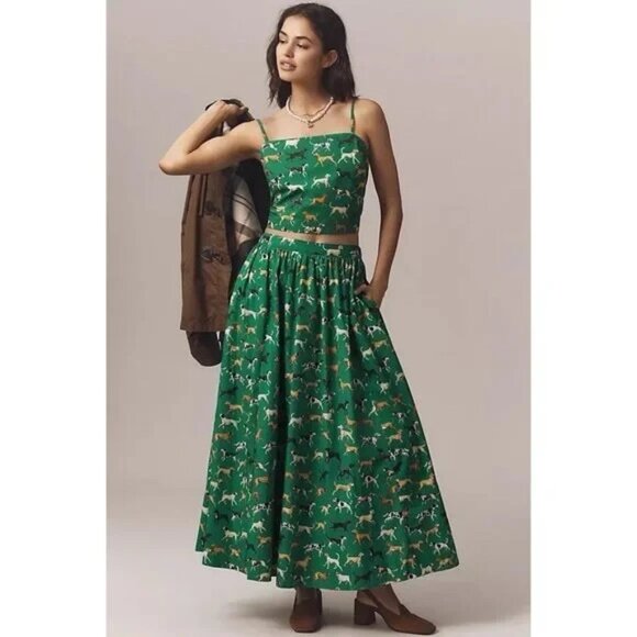 Anthropologie Dresses & Skirts - Anthropologie The Jacie Poplin Dog Print Green Maxi Skirt + Tank SET  XL